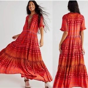 Free People Rare Feeling Red/Orange Tiered Maxi Dress🧡